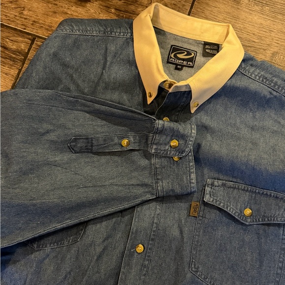 Roper Other - Roper Mens 2XT Denim
Western Button Down Shirt Tan
Collar Long Sleeve